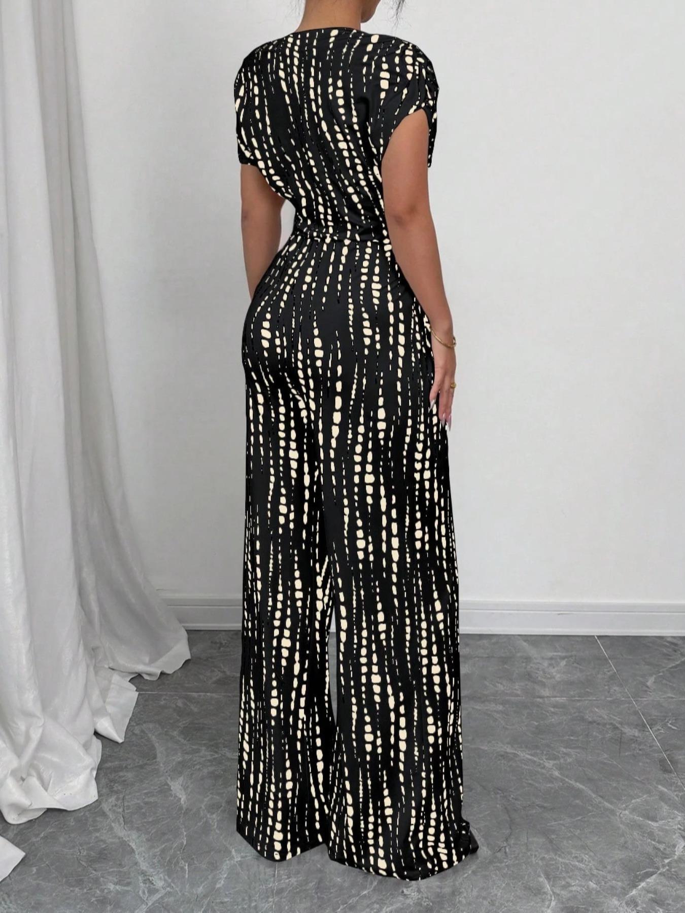 Women's All Over Print Tie Front   Jumpsuit, Casual Asymmetrical Neck   Jumpsuit for Spring & Fall, Women's Clothes for Daily Wear