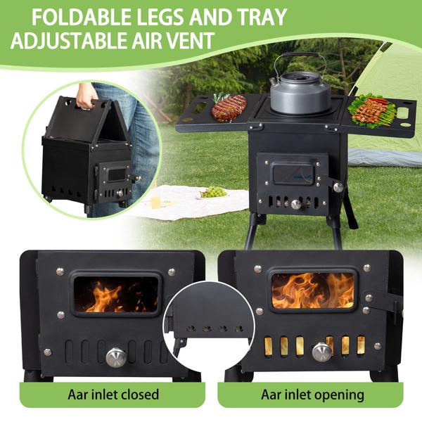 Portable Wood Burning Stove for Tent & Camping, Carbon Steel Folding Heater with 3 Chimney Pipes & Fire Blanket for Ice Fishing, Hunting & Cooking