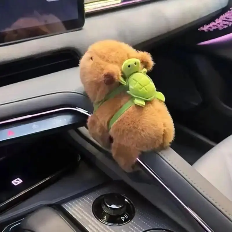 Cute Plush Capybara Universal Car Interior Accessories Set - Plastic Covers for Handbrake, Center Console Display, Door, Plus Plush Dolls Arm Band for Wiper Arm, Cute Plush Dolls Arm Band