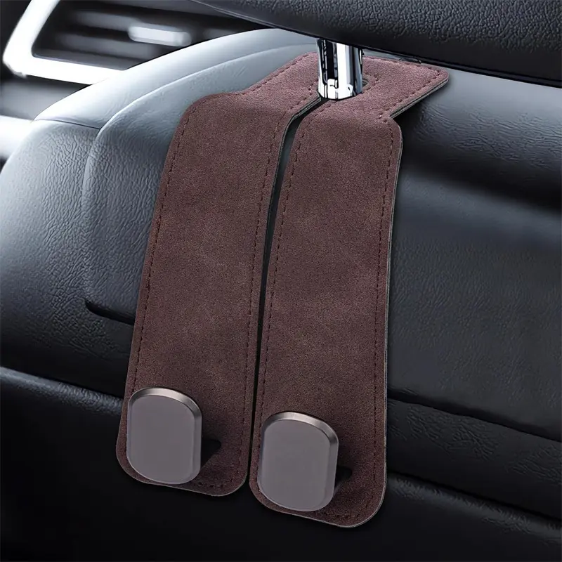 Car Headrest Hooks, 4 Pack Double Metal Bag Hangers with Suede Leather Wrap, 10 lb Capacity, Tool Free Installation for Sedans SUVs and Trucks