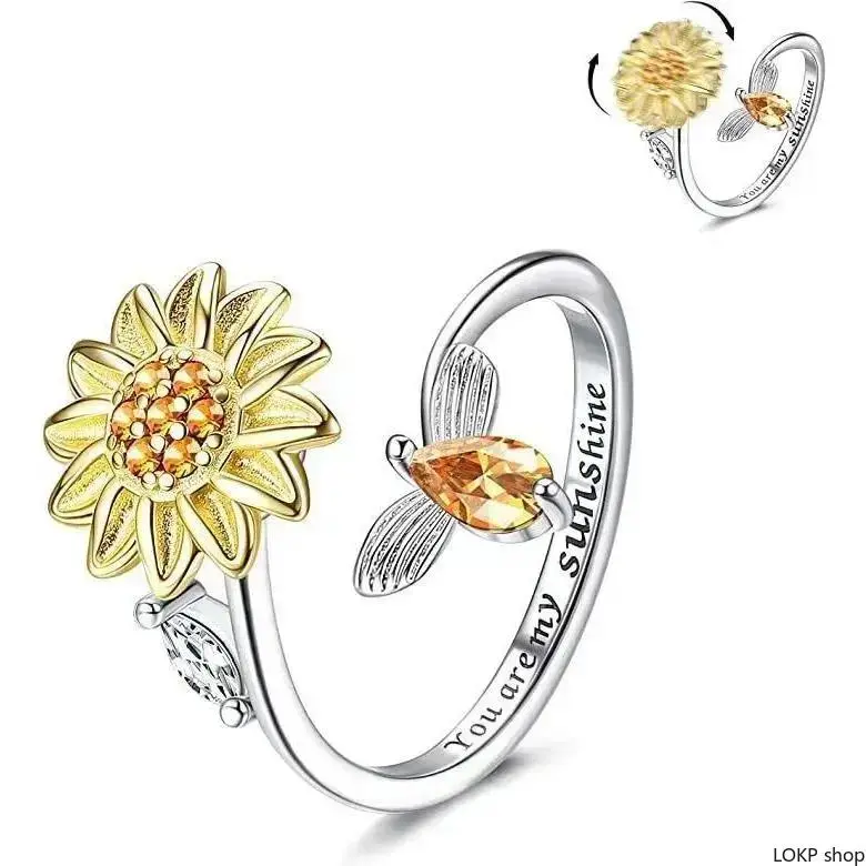 Women’s Minimalist Cute Sunflower Bee Spinner Fidget Ring - Cubic Zirconia Inlaid, Adjustable Band, Metal Coating, Open Rotatable Costume Jewelry, Stress Reliever for Casual Wear