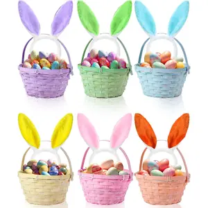 6 count Easter Baskets with Ear Headbands Set Woven  Baskets with Handle Rustic Round Storage Bulk for Easter Candy  Shower Wedding Favor Decor Supplies (Colorful)