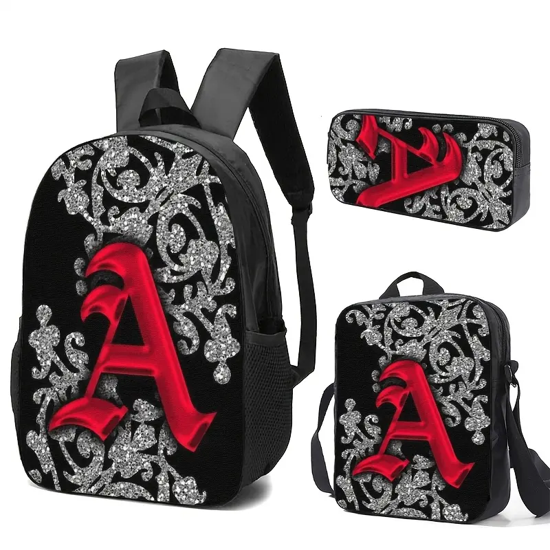 Black Bags with Silvery Glitter Patterns and Bold Red 'A' Lettering; Set Includes Backpack, Tote, and Pencil Case; Adjustable Straps, Large Capacity, Durable Print; Suitable for Daily Use by Adults.