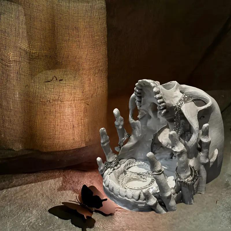 Gothic Skull Jewelry Organizer Box - Halloween Gothic Decor with Multiple Compartments & Necklace Hooks, Resin Desktop Storage for Rings/Earrings, Artistic Home Decor Accessory