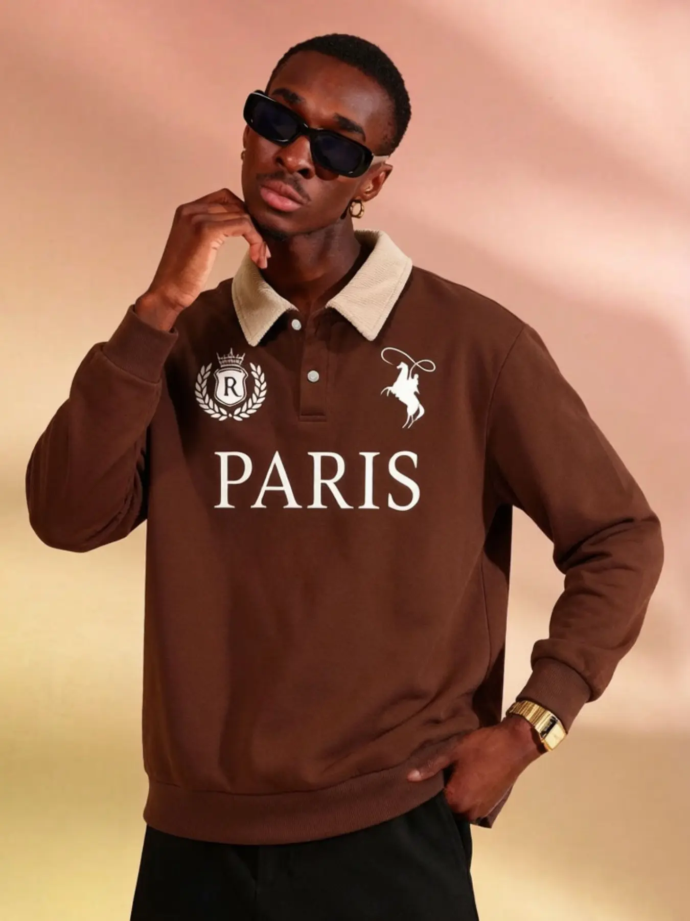 Vintage Paris Polo Neck Sweatshirt, Button Front, Horseman Crown R Logo Print, Loose Long Sleeve Casual Top, Youth Y2K Minimalist Basic