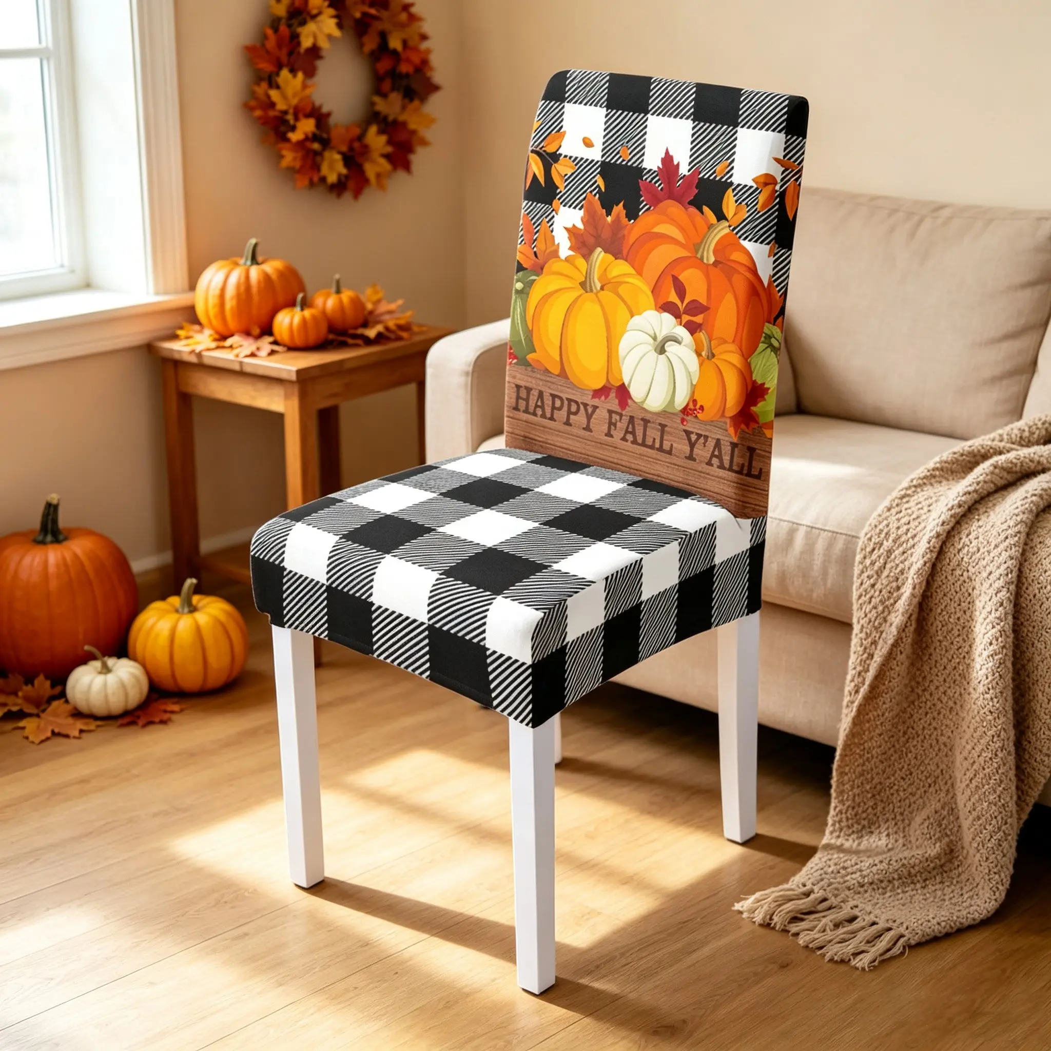Thanksgiving chair cover, autumn black and white check pattern, HAPPY FALL pumpkin design printed dining chair cover, elastic non-slip washable chair cover, 2/4/6 pieces, suitable for autumn Thanksgiving party decoration