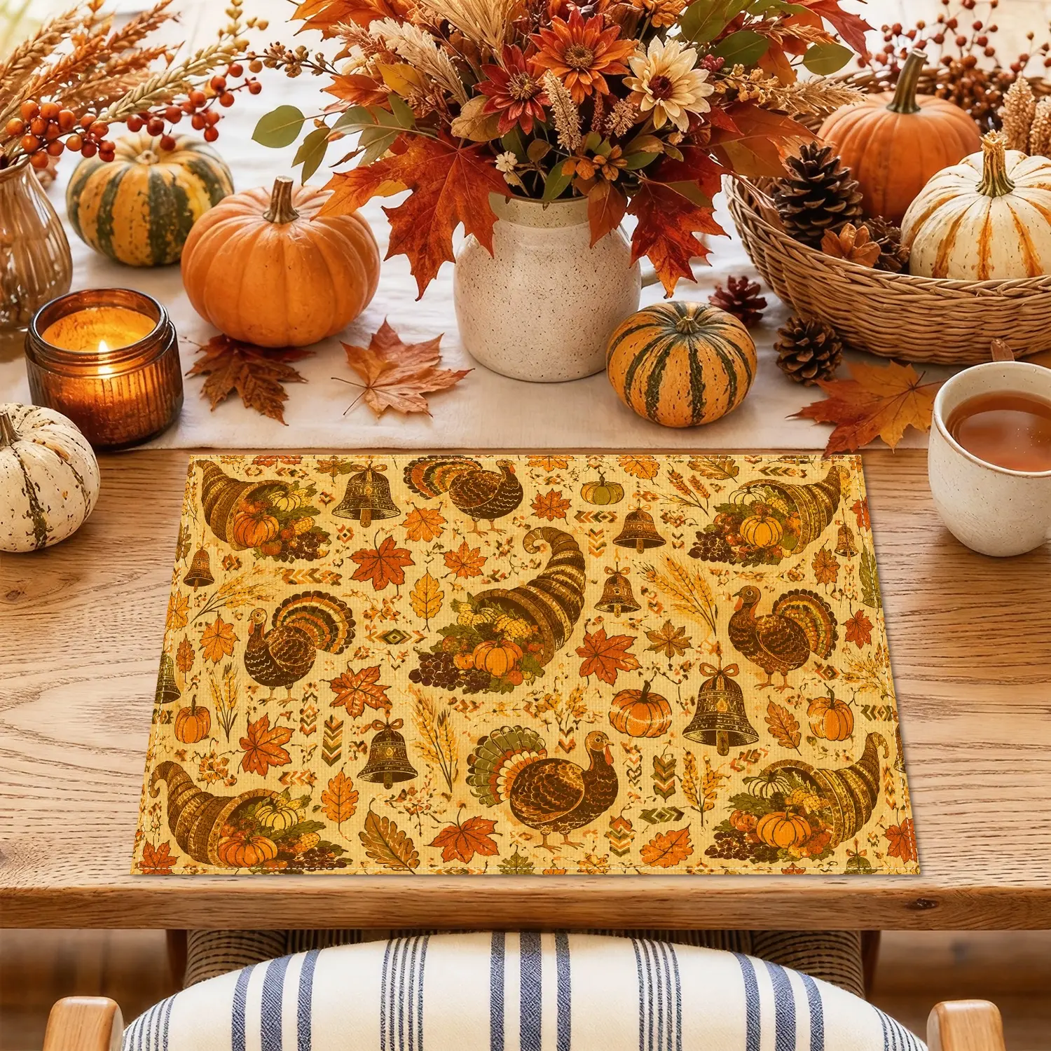 4/6pcs Turkey Cornucopia Pumpkin & Maple Leaf Placemats, Vintage Thanksgiving Style for Dining Table, Dining Room, Thanksgiving Dinner & Farmhouse Decor, Thanksgiving Gifts, Table Decoration