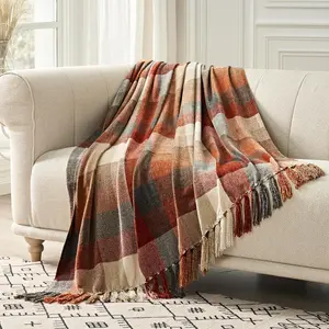 Plaid Chenille Throw Blanket for Couch, Super Soft Cozy Decorative Fall Throw Blanket with Tassels for Bed Sofa Gift, Lightweight Harvest Plaid Throw Blanket for Autumn 50”x60”