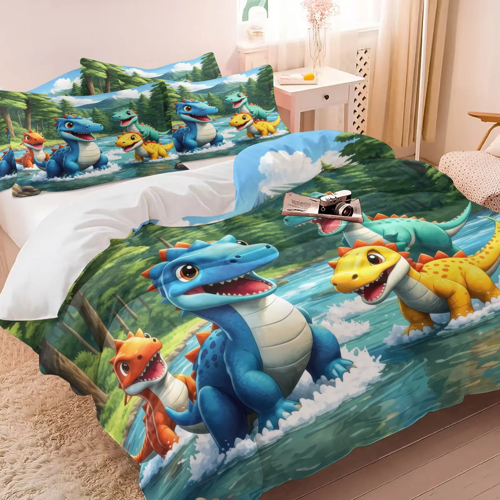 3PCS Cartoon Forest River Dinosaur Duvet Cover Set (1 Duvet Cover + 1-2 Pillowcases), Mountain Green Woodland Colorful Dino HD Digital Print, Soft Cozy Skin-Friendly All Seasons Bedding, Perfect for Toddler Boys Jurassic Bedroom Decor