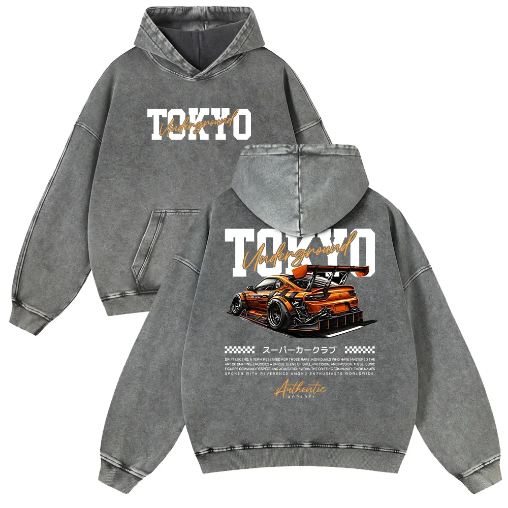 Retro Tokyo Underground JDM Hoodie Vintage Washed - Unisex Oversized Orange Tuner Car Aesthetic Graphic Sweatshirt,back to school,back to school shopping