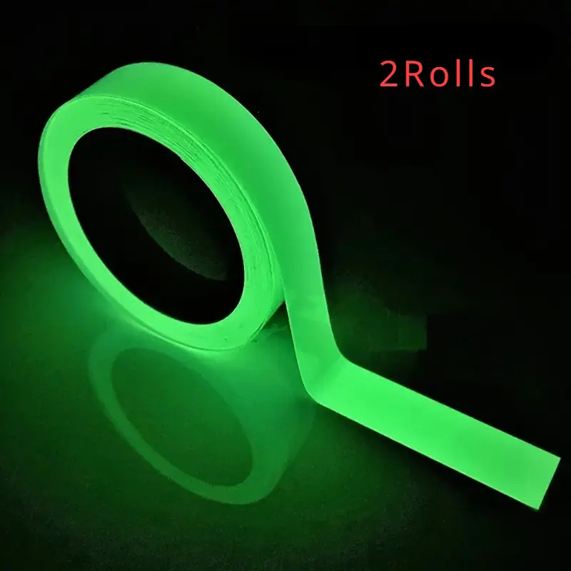 2 rolls of bright green reflective adhesive tape, made of acrylic material, specially designed for marking stairs, exits, switches and other areas in safe areas. Perfect for night decoration, ensuring safety, outdoor activities and finishing the studio.