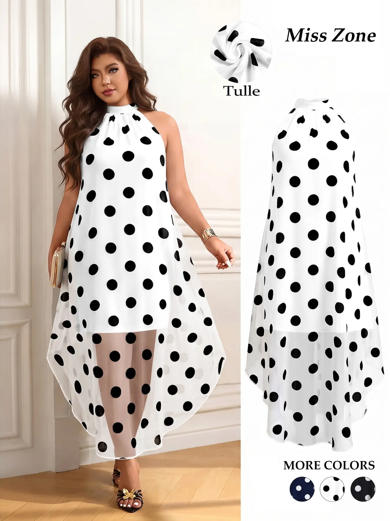Plus Size Women's Polka Dot Halter Maxi Dress, Sleeveless High Low Flowy Loose Fit Long Dress with Zipper Back for Party Vacation, Casual Wear Summer, Plus Size Dresses