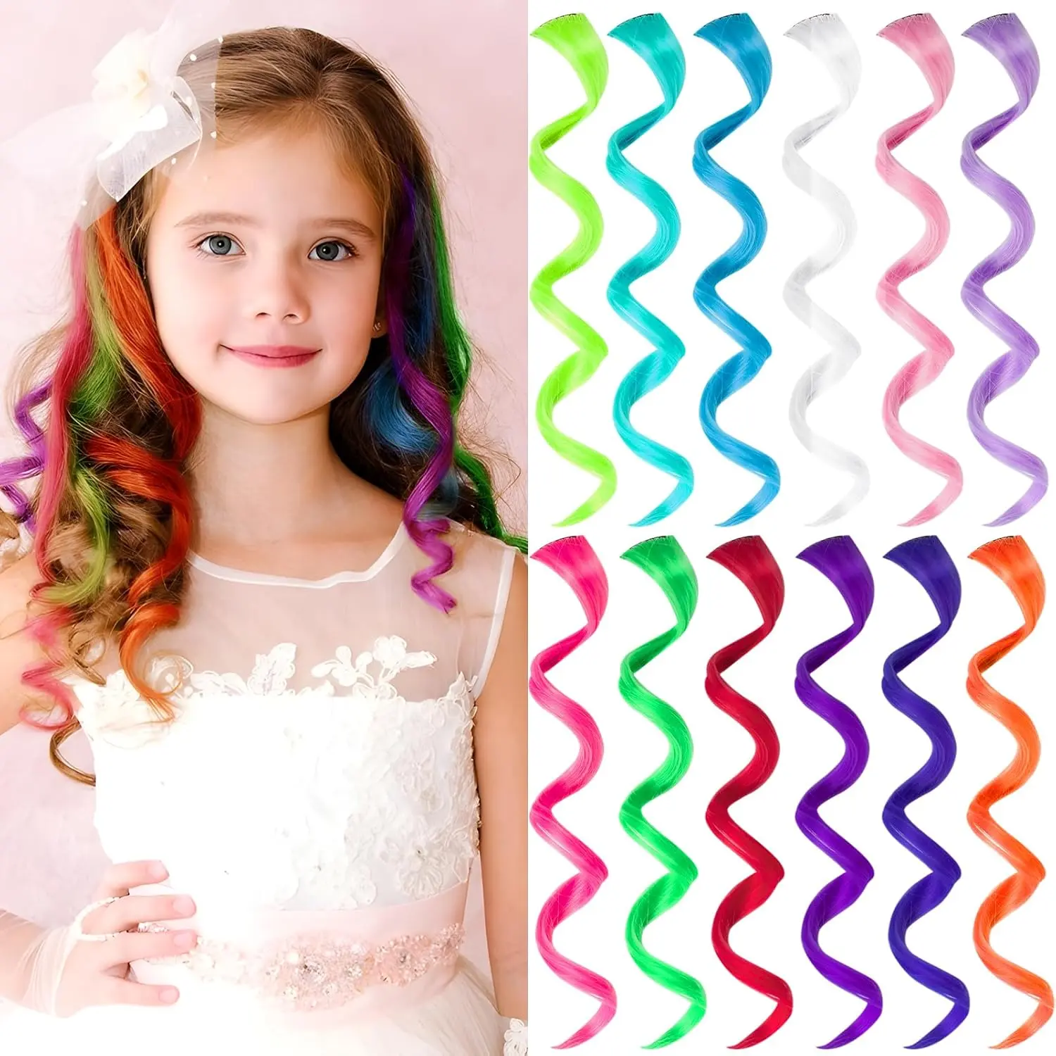 12 PCS 17 Inch Clip-in Hair Extensions, Synthetic Hair in Rainbow Neon Colors, Colorful Party Styling Accessories for Girls and Women, Clip Hair Extensions