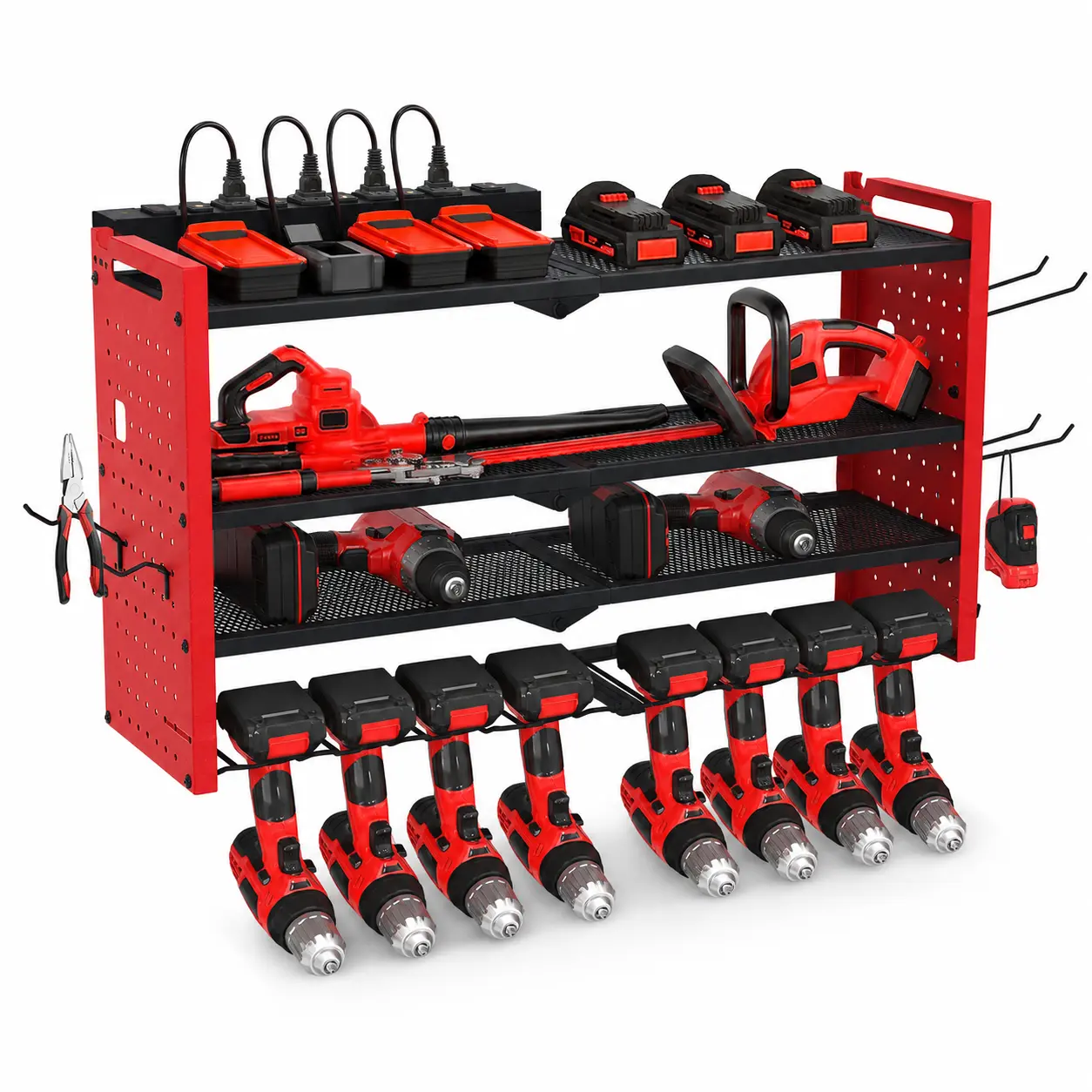 Garvee Heavy Duty 4-Tier Wall Mount Power Tool Organizer with 8-Outlet Charging Station, Metal Garage Storage Rack with 8 Drill Holders, Adjustable Shelves, Hooks, Battery Shelf & Pegboard Panels, 240 lb Capacity for Garage Workshop