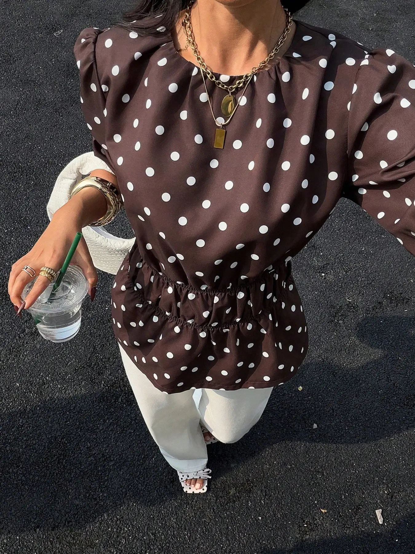Women's Polka Dot Shirt, Bubble Seven-Quarter Sleeves, Round Neck, Elastic Waist, Ruffled Hem, Vintage Style, Casual Office Wear