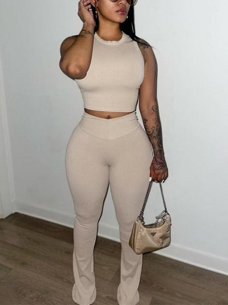 Women's Solid Crop Top & High Waist Skinny Pants Two-Piece Set, Casual Fashion Cozy Two Piece Outfits for Daily Outdoor Wear, Women Clothes for Summer