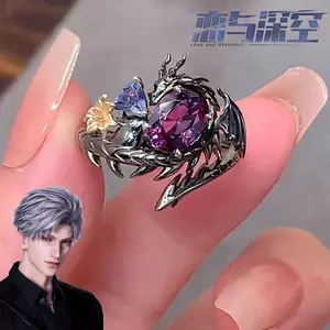 2pcs Game Love and Deepspace Sylus Cosplay Ring Adjustable Alloy Finger Rings Flower Dragon Decoration Unisex Props