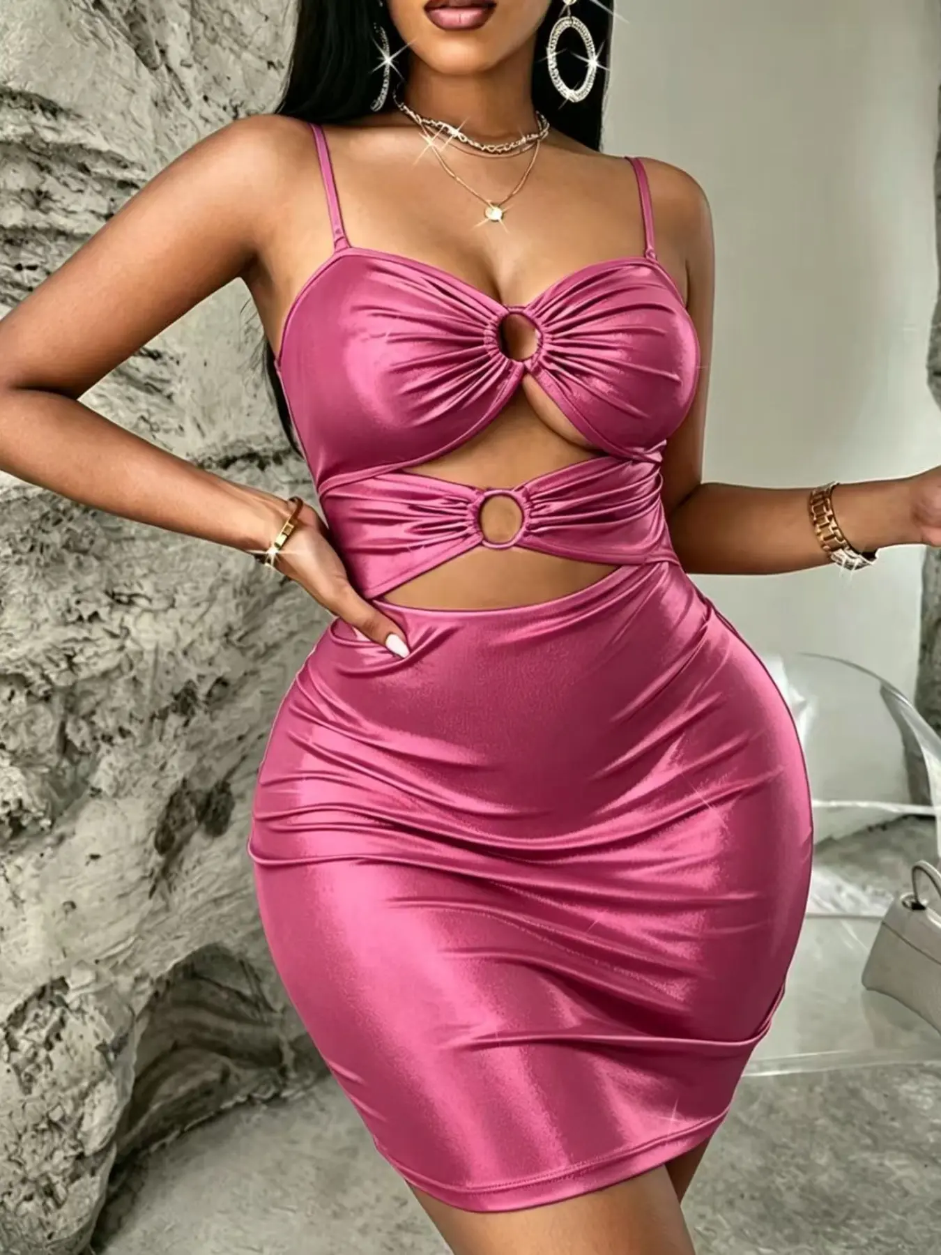 American Vintage Tight Dress, Transparent Thin Straps, Front Knot Cutout, Shiny Material, Perfect for Nightclubs and Dates
