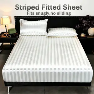 Aesthetic Satin Striped Summer Fitted Sheet Kit, Ultra Cool Ice Silk Bed Linen Set, 360 Degree Elastic No Shift Mattress Cover, Flawless Wrinkle Free Smooth Bedding for Hot Weather