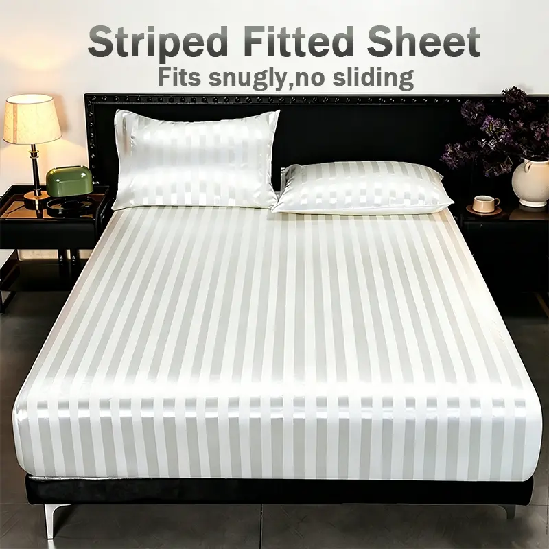 Aesthetic Satin Striped Summer Fitted Sheet Kit, Ultra Cool Ice Silk Bed Linen Set, 360 Degree Elastic No Shift Mattress Cover, Flawless Wrinkle Free Smooth Bedding for Hot Weather
