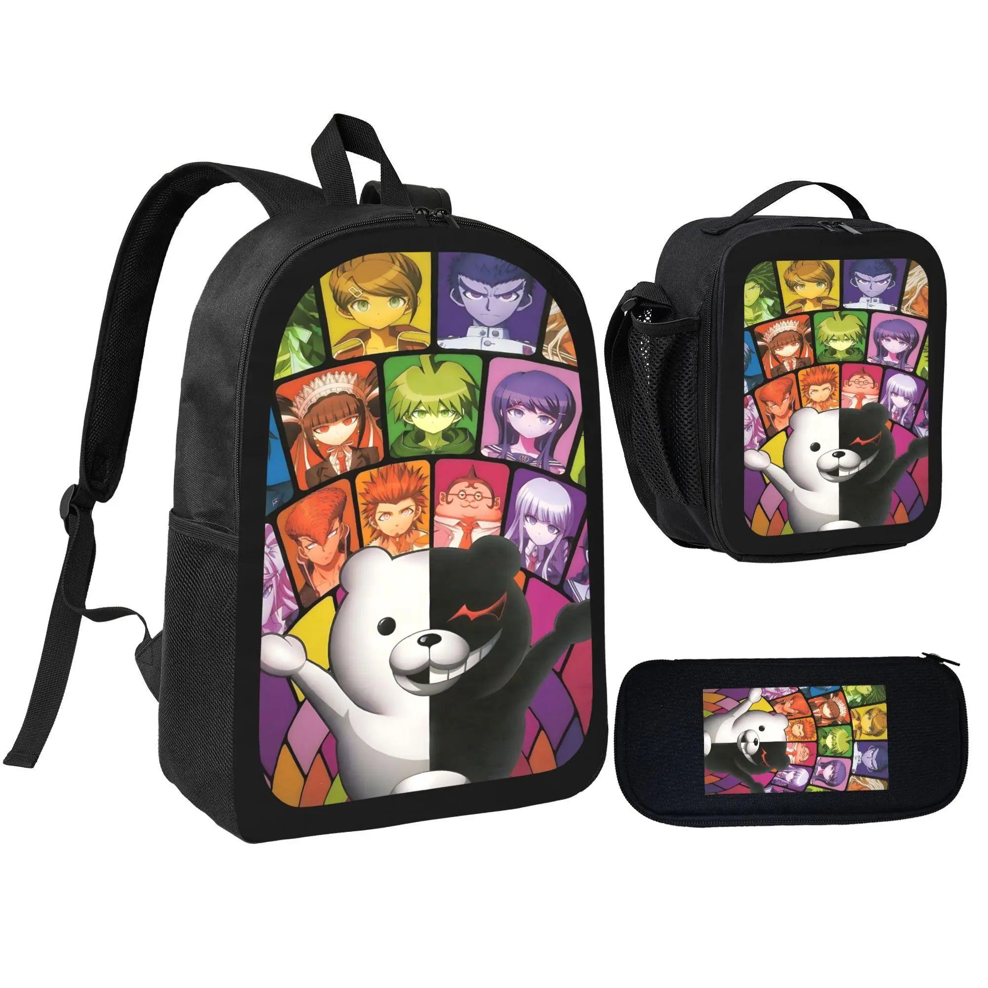 Anime Backpack 3-Piece Set, 17-Inch Large Synthetic Polyester Oxford Full Print Rucksack with Lunch Box & Pencil Case, Anime-Inspired Design for Teens, Back to School Haul & Cosplay