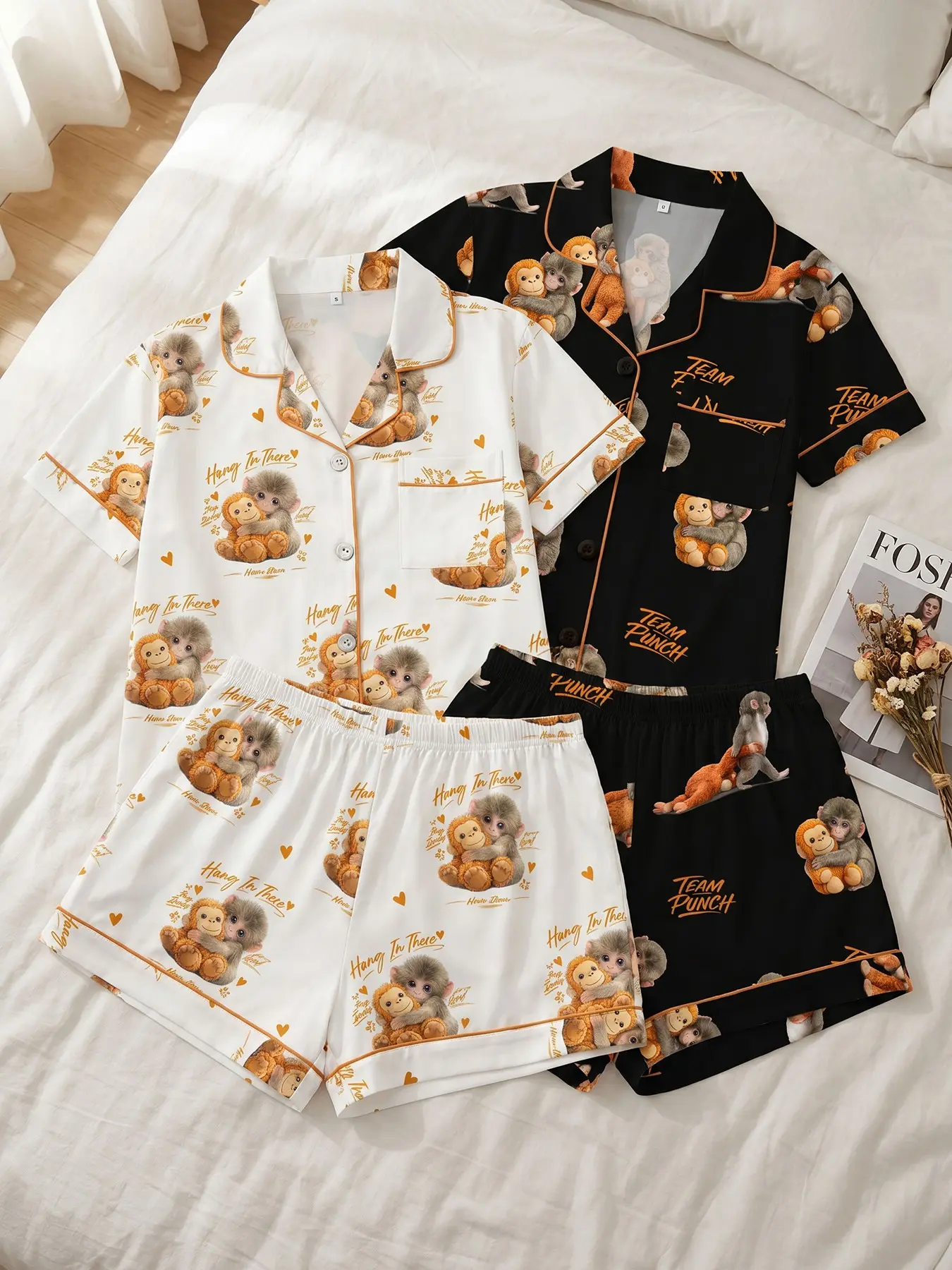 Women Button‑Down Short‑Sleeve Top & Shorts Pajama Set 2‑Pack, Wear All Seasons, adorable cartoon monkey graphic sleep set, cozy loungewear for napping, bedtime and casual indoor relaxing moments