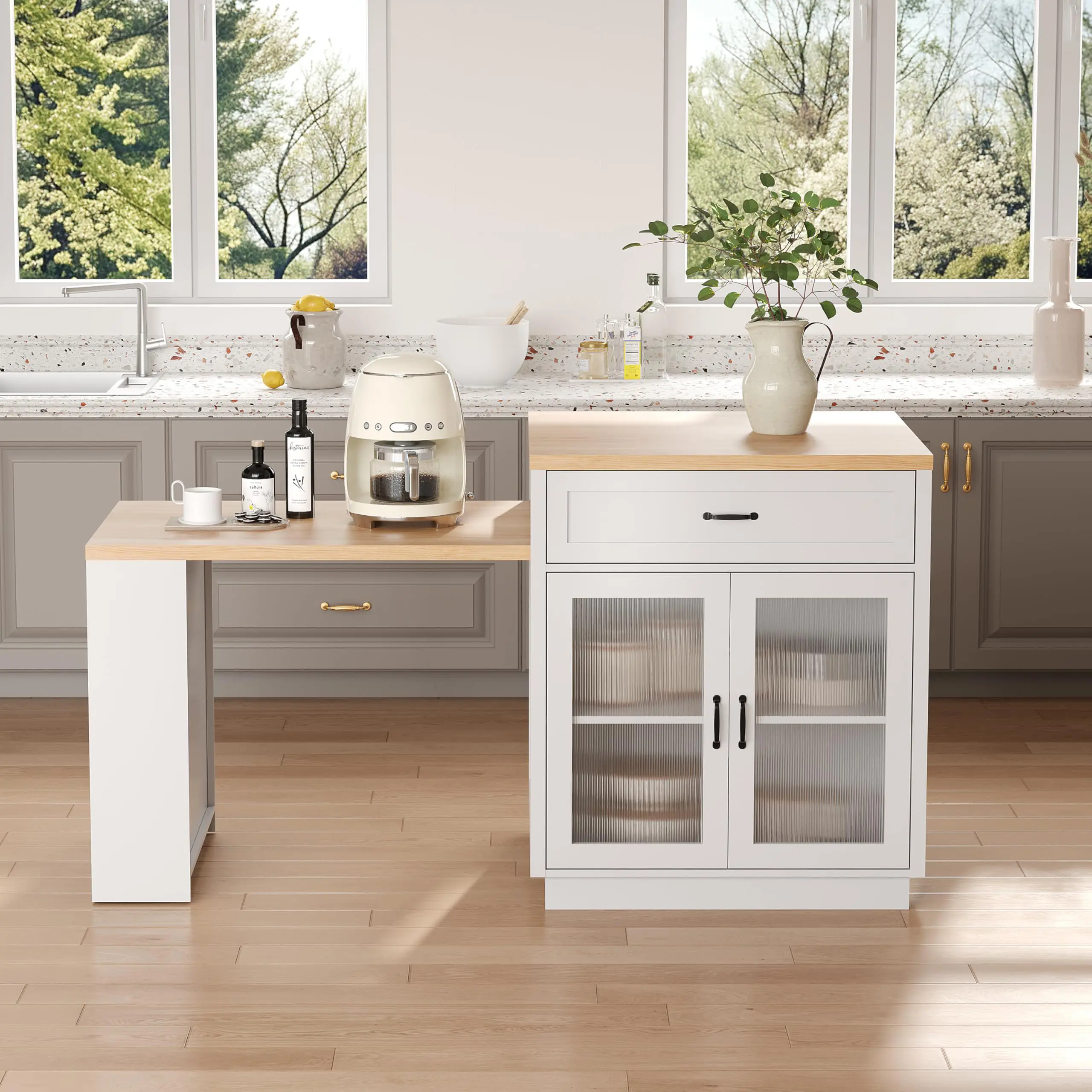 73" Kitchen Island with Extendable Dining Table –  Kitchen Island Table for Small Kitchen & Apartment, Extra Counter Space for Prep, Coffee Bar & Dining