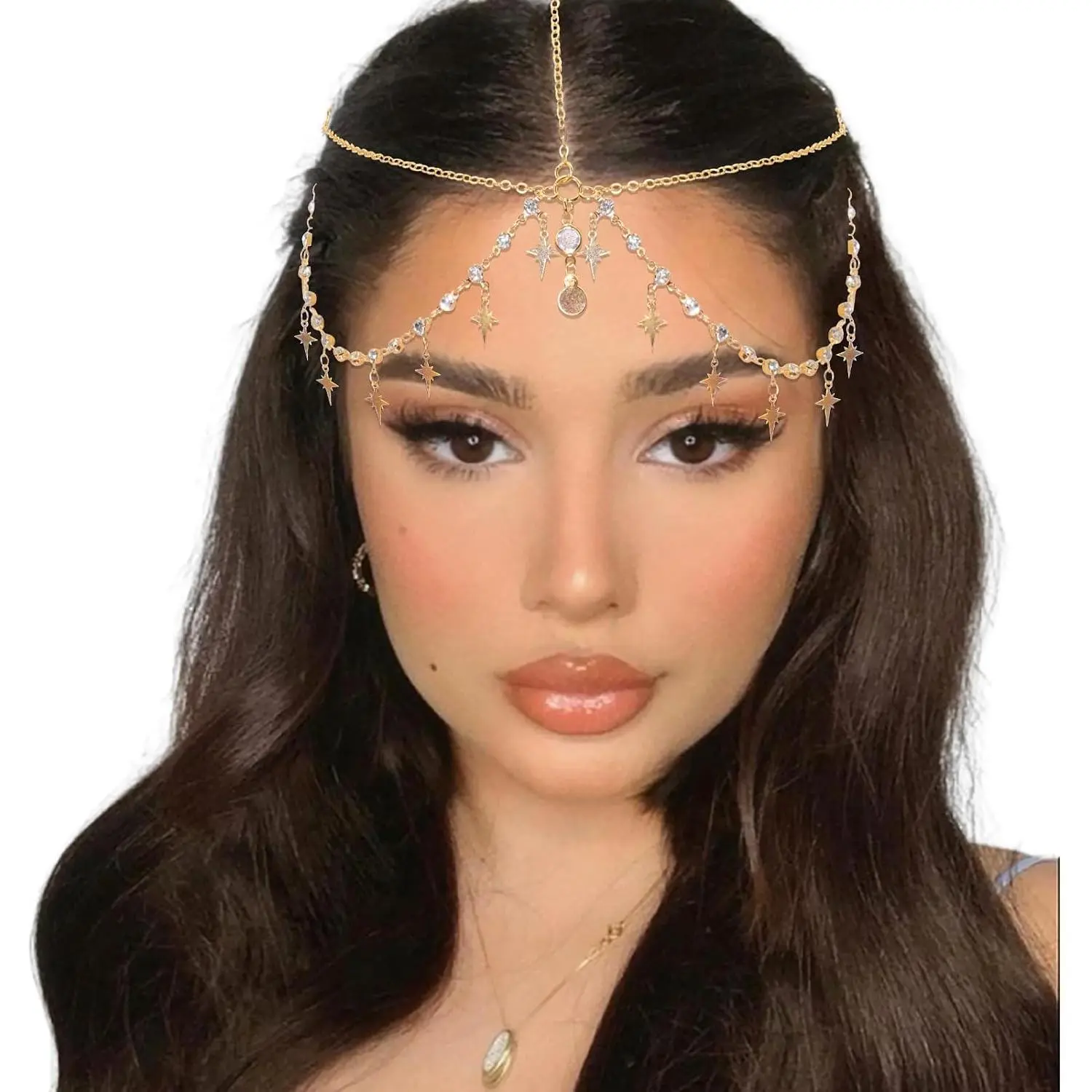 Sequin  Chain  Leaf Boho Headpiece  Rhinestone Forehead Hair Chain Layered Headband Festival Goddess Costume Hair Accessories