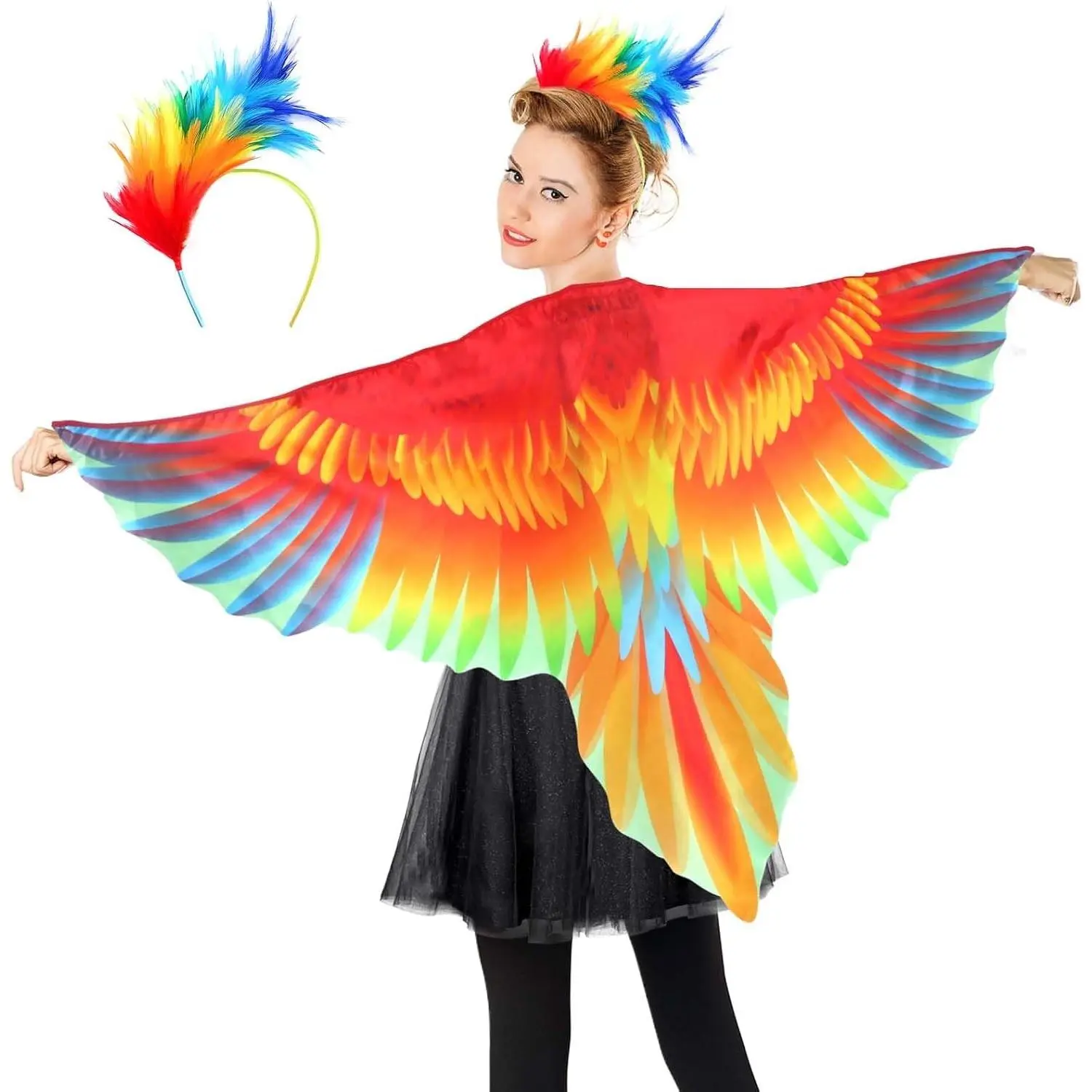 Women's Parrot Bird Wings Costume with Feather Headband | Colorful Bird Costume for Adults, Mardi Gras Fantasy Festival Outfit, Halloween Cosplay, Tropical Party Dance Wear(Gift)