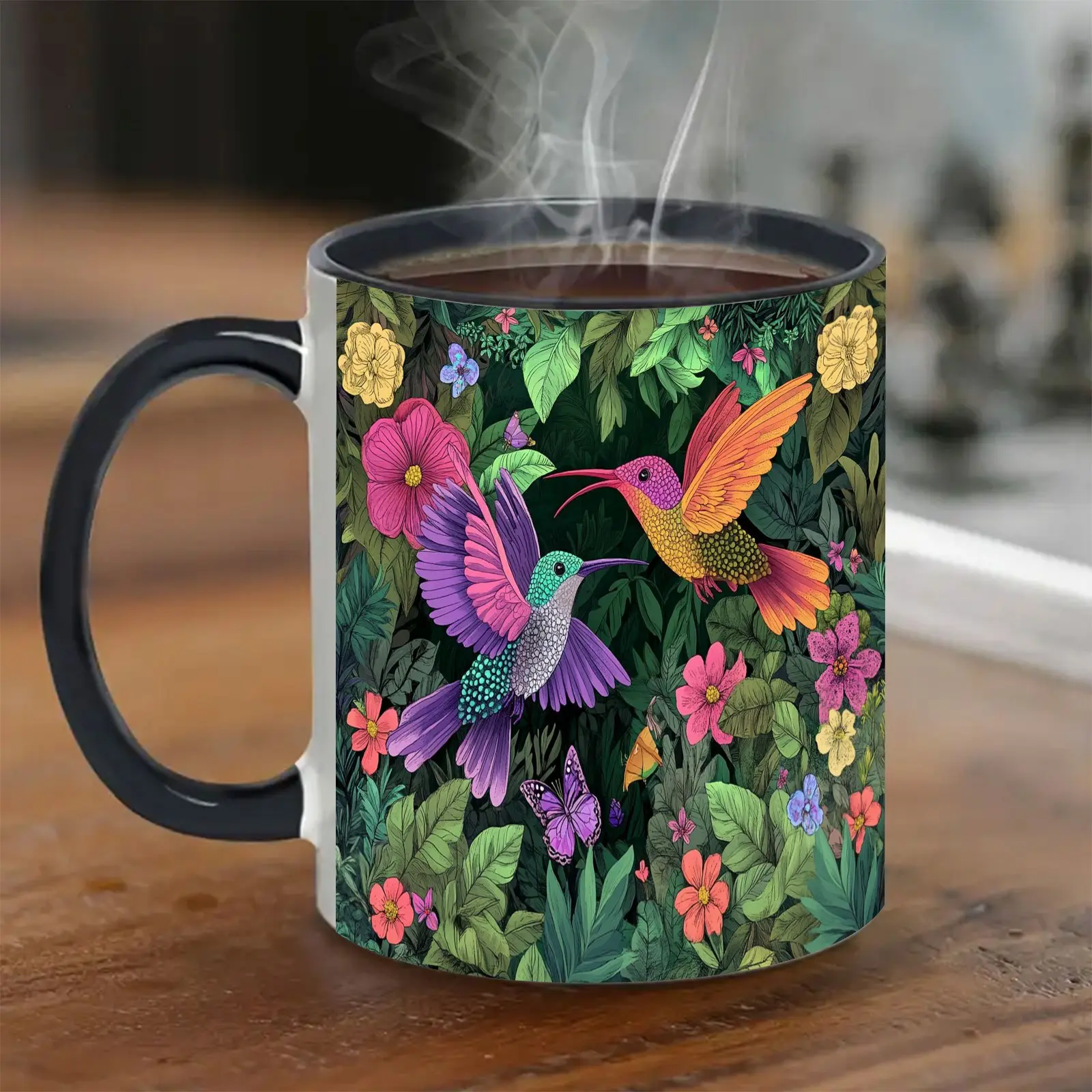 1PC 11oz ceramic coffee mug, featuring bright hummingbird and floral designs, a novel and creative home decor drinkware, perfect for birthdays and holiday gifts