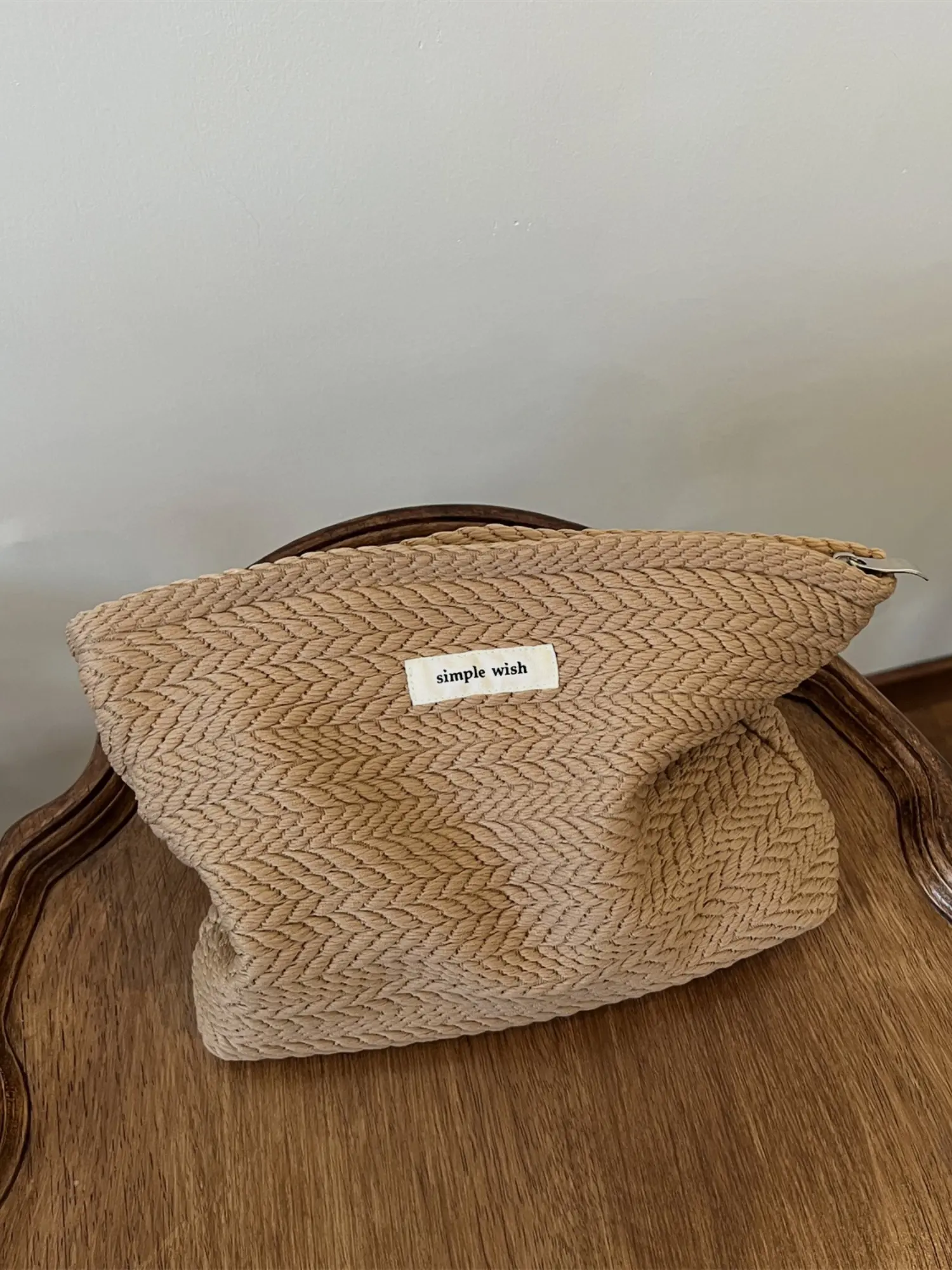 1pc Makeup Bag, Poly Cotton Zipper Bag, Textured Cosmetic Pouch for Women, Vintage Cosmetic Bag, Travel Cosmetic Bag, Travel Essentials, Makeup Storage Bag, Portable Cosmetic Bag, Travel Beauty Bag, Cosmetics Bag