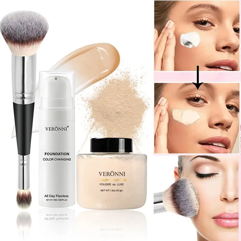 Foundation Set, Color-Changing Foundation 15ML + Banana Loose Powder 42g + Dual-Ended Brush, Long-Lasting Matte Flawless Finish, Perfect for All Skin Types