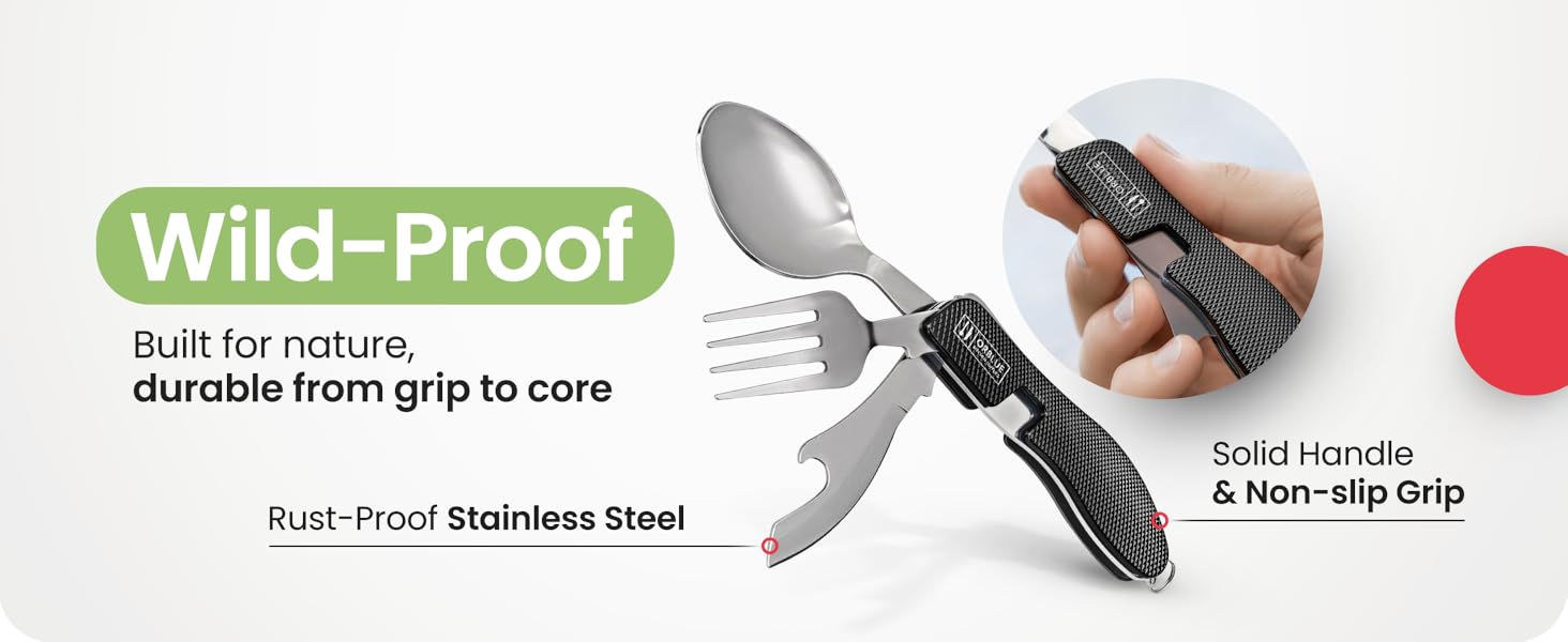 AGS Orblue 4-in-1 Camping Eating Utensils, 2-Pack - Portable Spoon, Fork, Knife & Bottle Opener Combo Set - Stainless Steel Flatware with Detachable Fork - Travel, Backpacking Cutlery Multitool, Yellow