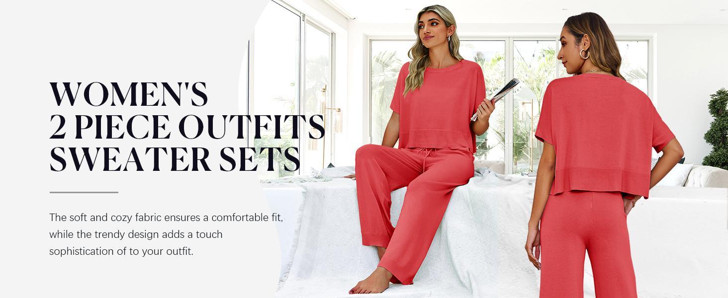 Goranbon Womens 2 Piece Outfits Sweater Sets Knit Split Crop Tops High Waisted Pants Lounge Set