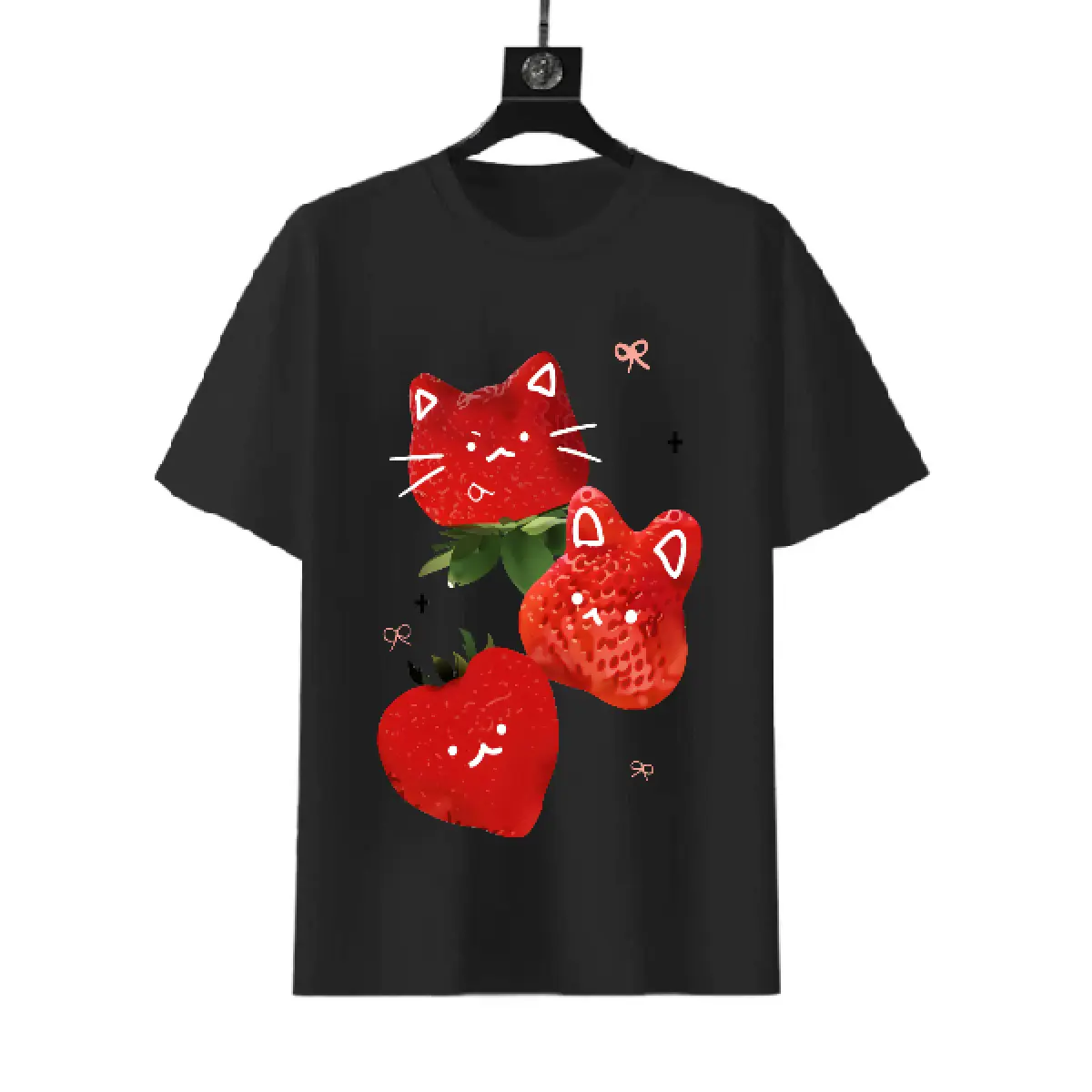 Unisex Casual Cartoon Graphic T-Shirt with Cute Strawberry Cat Print - Short Sleeve Round Neck Sports Top for Summer Girls, Digital Print, Shortsleeve, Neck Top, Statement, Tshirt, Cute Motifs, Fabric