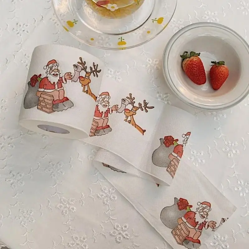 High-Quality Christmas Theme Toilet Paper, Dual-Layer Virgin Wood Pulp, Santa Claus, Tree, Snowman Designs, Eco-Friendly, Durable, Festive Gift