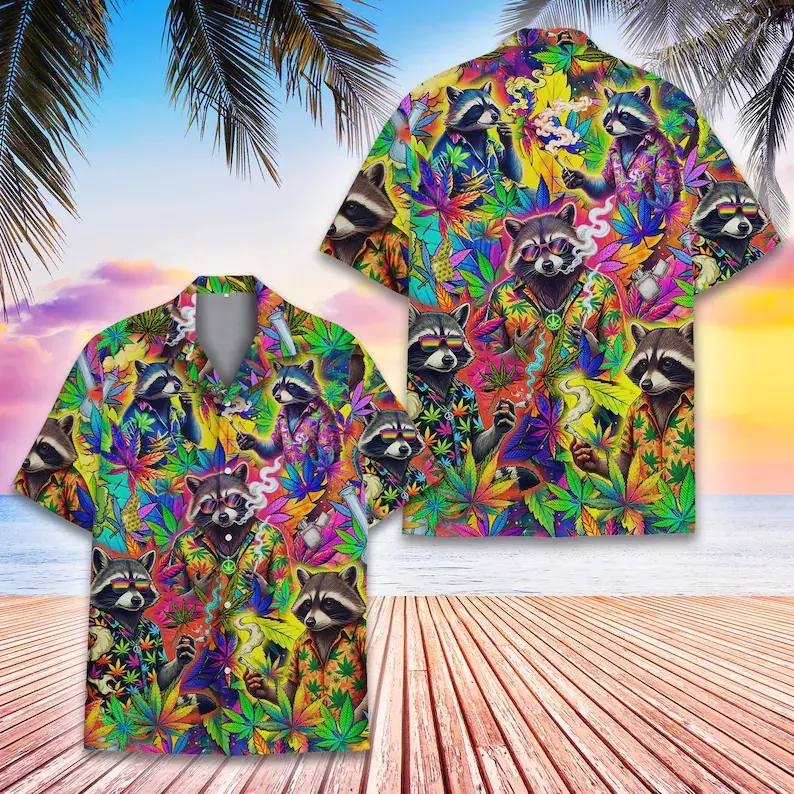 Raccoon Weed Hawaiian Shirt for Adult Youth, Funny Cannabis Aloha Shirt Button Down, Psychedelic Raccoon Print, Stoner Party Shirt # TikTokMadeMeBuyIt # TikTokShop # Funny Hawaiian Shirt # Summer Shirt # Hawaiian Shirt