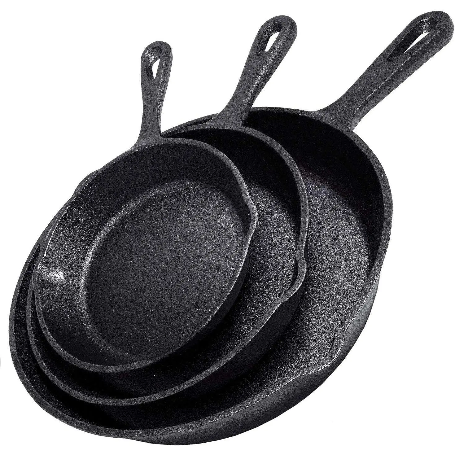 Cast Iron Skillet 3-Piece Set w/Cookbook - Heavy-Duty Professional Restaurant Chef Quality Pre-Seasoned Pan Cookware - 10", 8", 6" Pans - For Frying, Saute, Cooking, Pizza - Black
