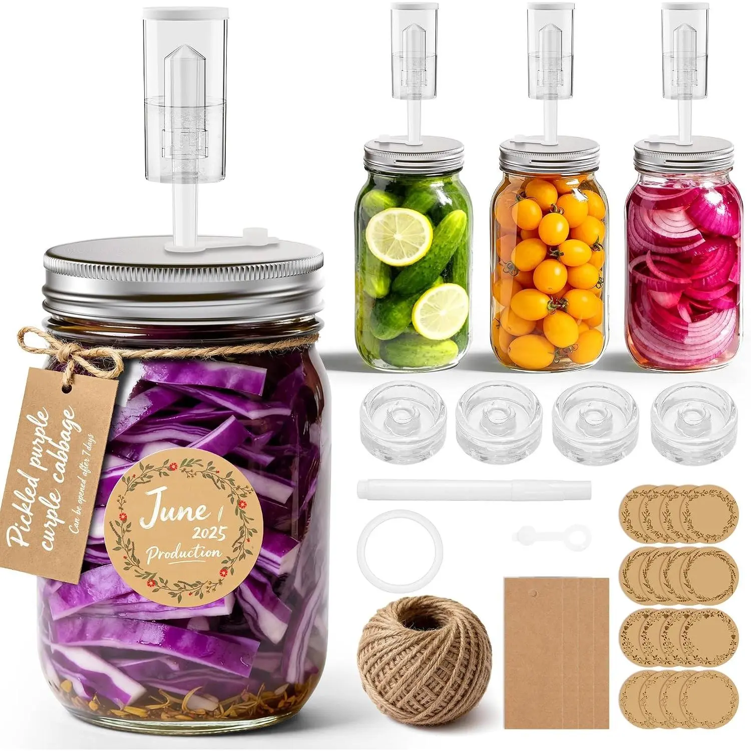 Fermentation Kit 4Pack With Weights  Airlock for Wide Mouth Mason Jar | Pickling Kit With  Ring, Grommet, Fermenting Weight, Fermentation Lid, Time Sticker, Marker Pen, Ideal For Beginners
