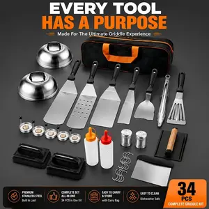 34pcs Stainless Steel Barbecue Tool Set,Flat-Top Griddle Accessory Kit, Stainless Steel Metal Griddle Oil Utensils KitSuitable for Blackstone And Camping Chefs, Includes Grilling Spatula Tools, Egg Rings, Squeeze Bottles, And Sauce Brushes