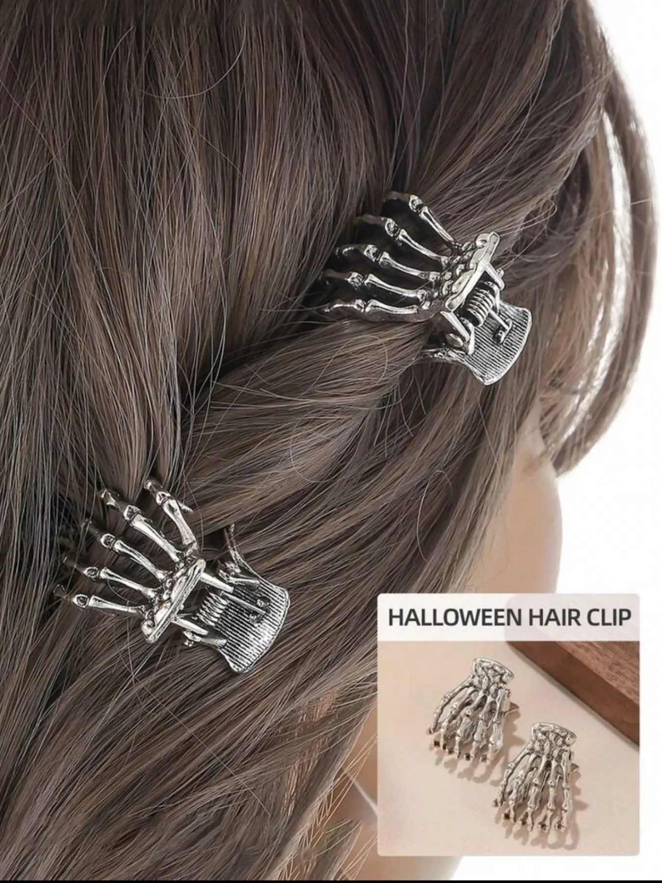 2 Pcs Gothic Punk Skeleton Hand Hairclaw Clips, Silver Color Mini Skull Boneside Clips, Y2K Halloween Hair Styling Accessories for Women Girls