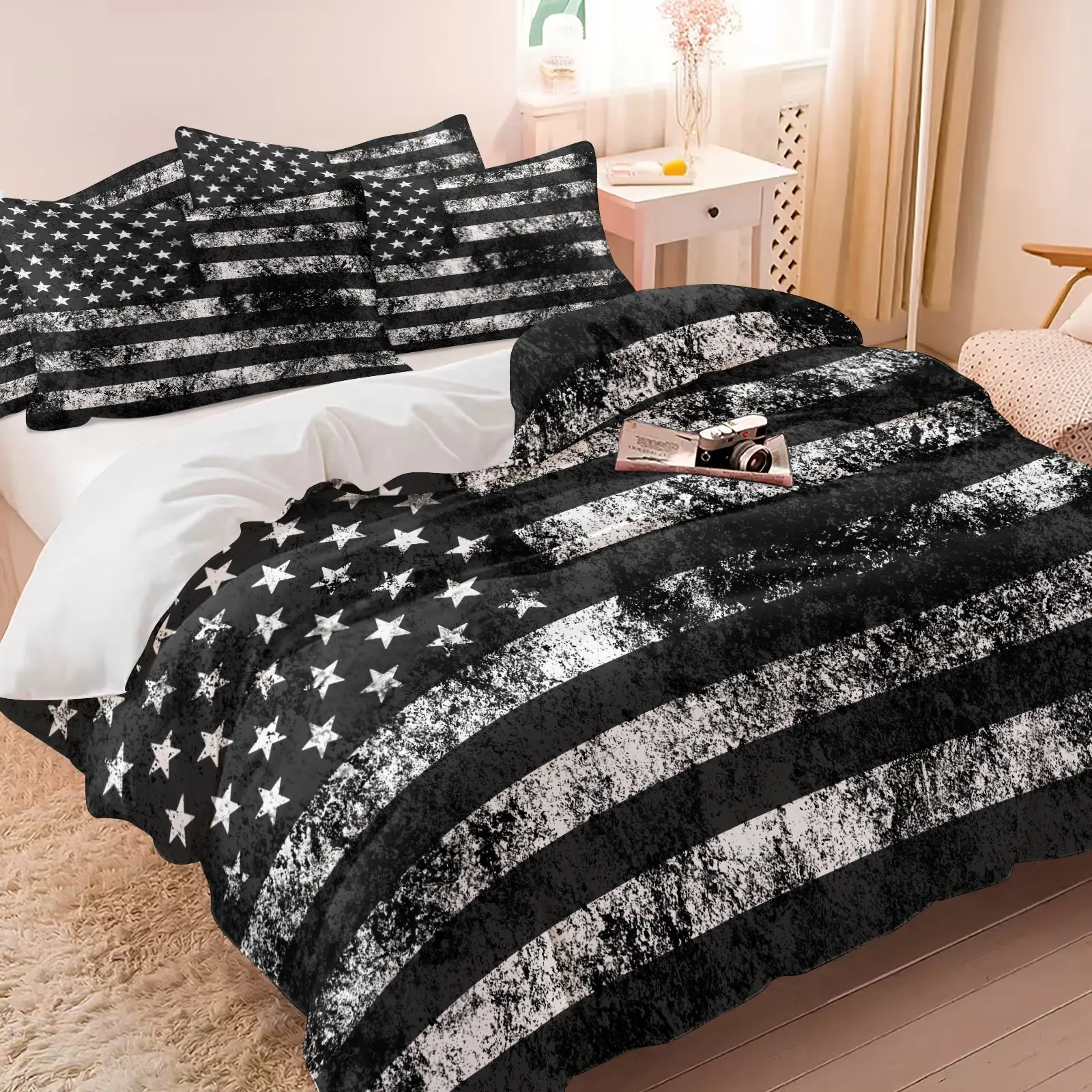 3PCS Distressed Black White American Flag Duvet Cover Set（1 Duvet Cover + 1-2 Coreless Pillowcases ), Retro Grunge Star Stripes Pattern, Soft Comfy All Seasons Bedding Set,Ideal for Industrial Style Bedroom Decor