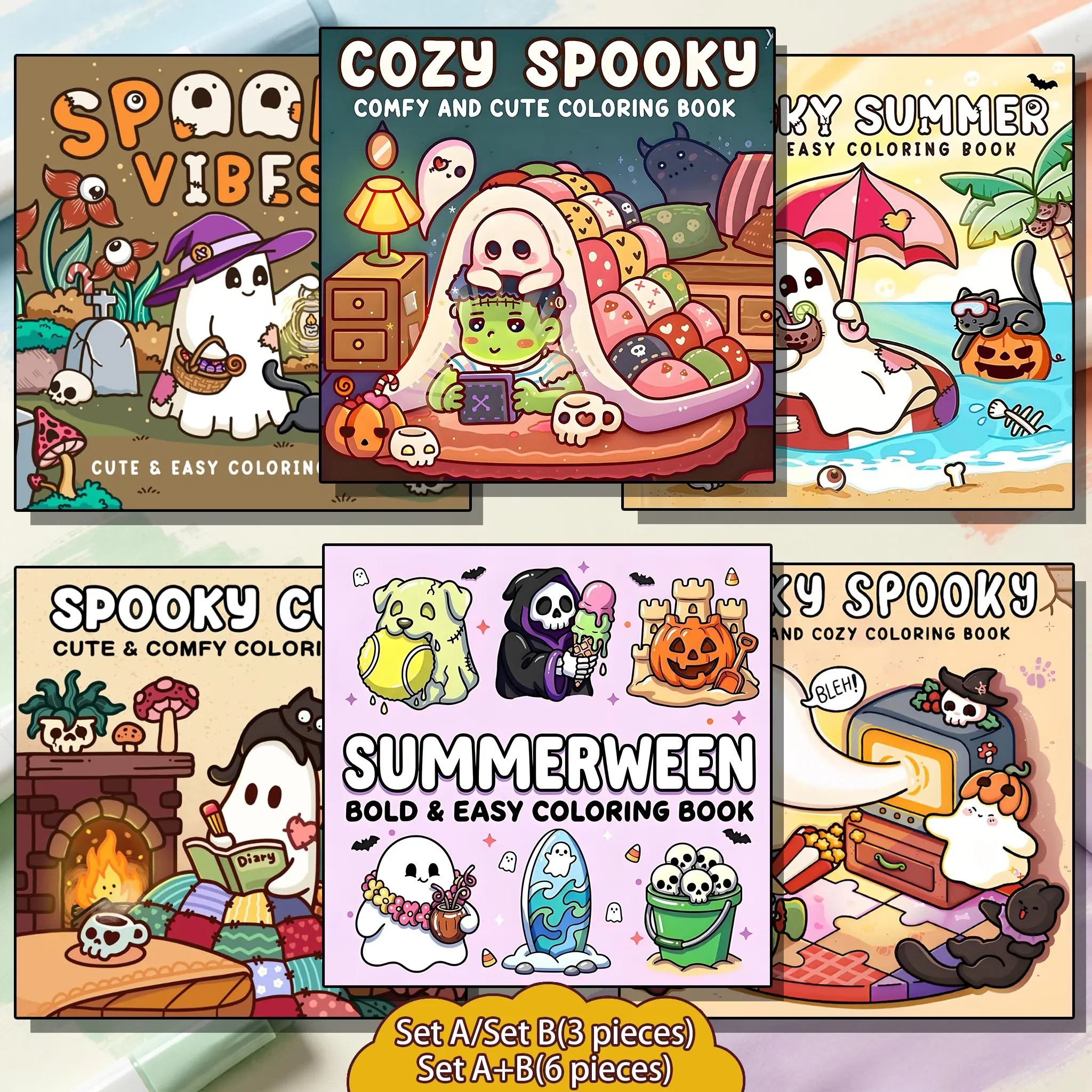 3/6Pcs Cozy Spooky Summerween Coloring Book Set Cute Ghost Easy Bold Lines Coloring Pages For Adults Kids Relaxation Halloween Summer Vibes Art Activity Book,Halloween and School Supplies Gifts