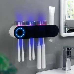 Wall Mounted Toothbrush Holder with UV Sanitizer, 3 Magnetic Cups & Automatic Toothpaste Dispenser, Electric Toothbrush Organizer, Smart Bathroom Storage Shelf, Bathroom Decor Accessories, Black