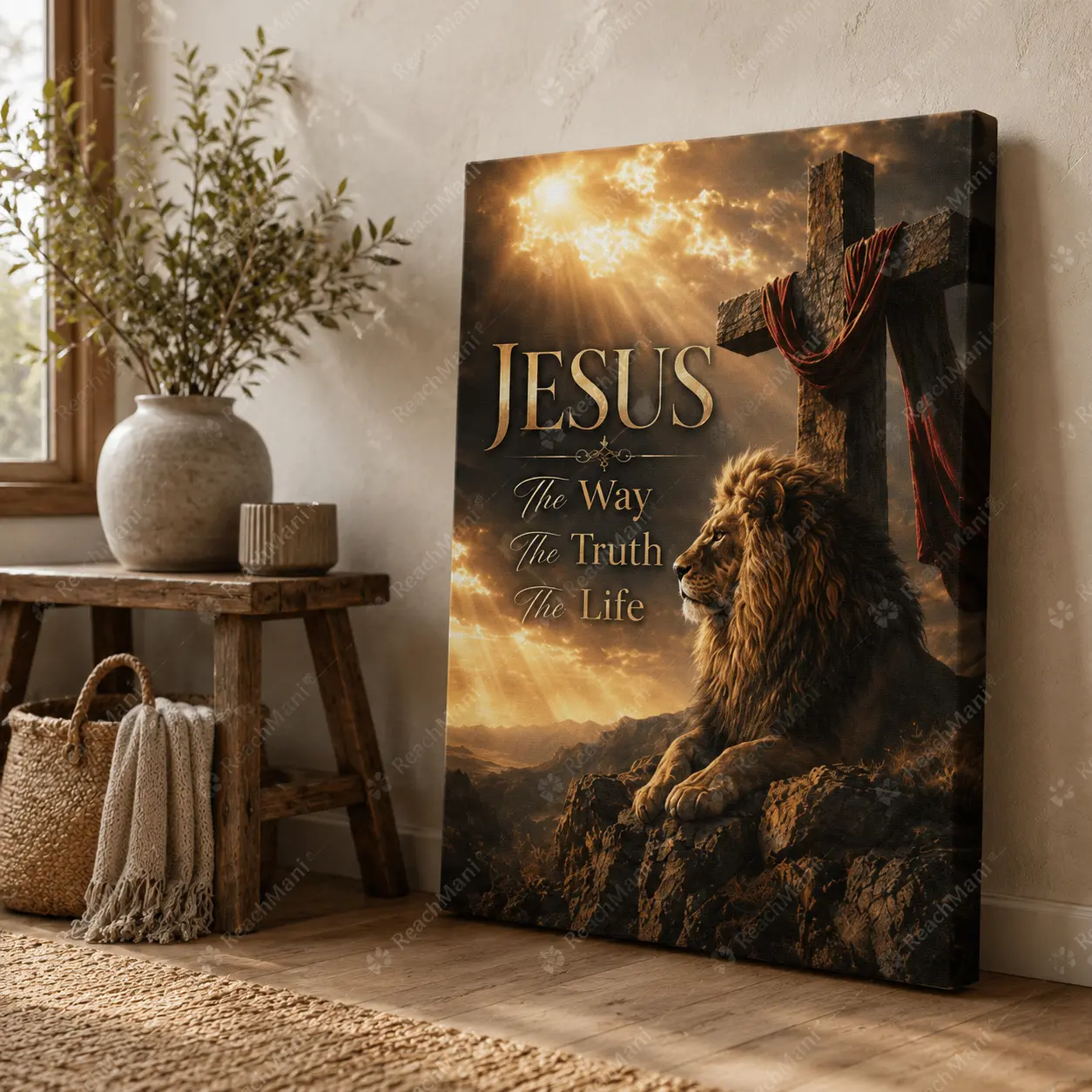 Jesus Lion of Judah Cross Vertical Canvas Wall Art, Christian Religious Faith Quote Poster, Warm Rustic Farmhouse Entryway Prayer Room Decor, Available as Unframed Canvas Poster or Framed Canvas Wrap
