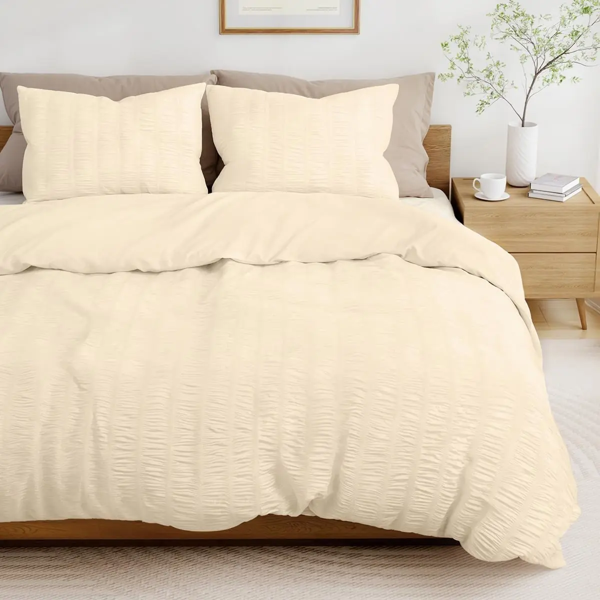 Beige Seersucker Duvet Cover Queen Size 3-Piece Bedding Set, Including 1 Duvet Cover (90x90 in) and 2 Pillowcases (20x26 in)