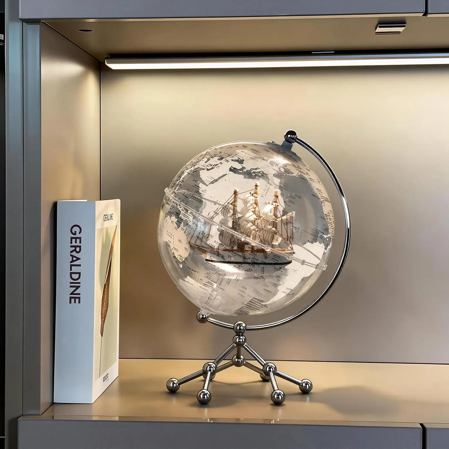 Aris & Juno 20cm High Detail Illuminated Globe with Sailboat, Bilingual English-Chinese Map, Touch-Controlled Transparent LED Desktop Decor, USB Charging Educational Tool for Study/Office, Acrylic Gift Ornamentdecorative atmosphere lamp elegant halloween