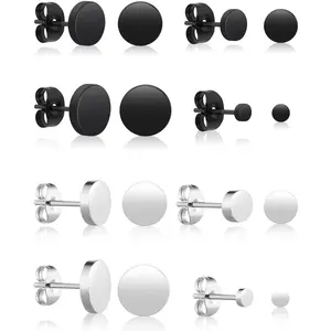 8 Pairs Dot Stud Earrings - Stainless Steel Ear Studs - Round Flat Top - Unisex - Black & Silver (3mm, 5mm, 7mm, 8mm)