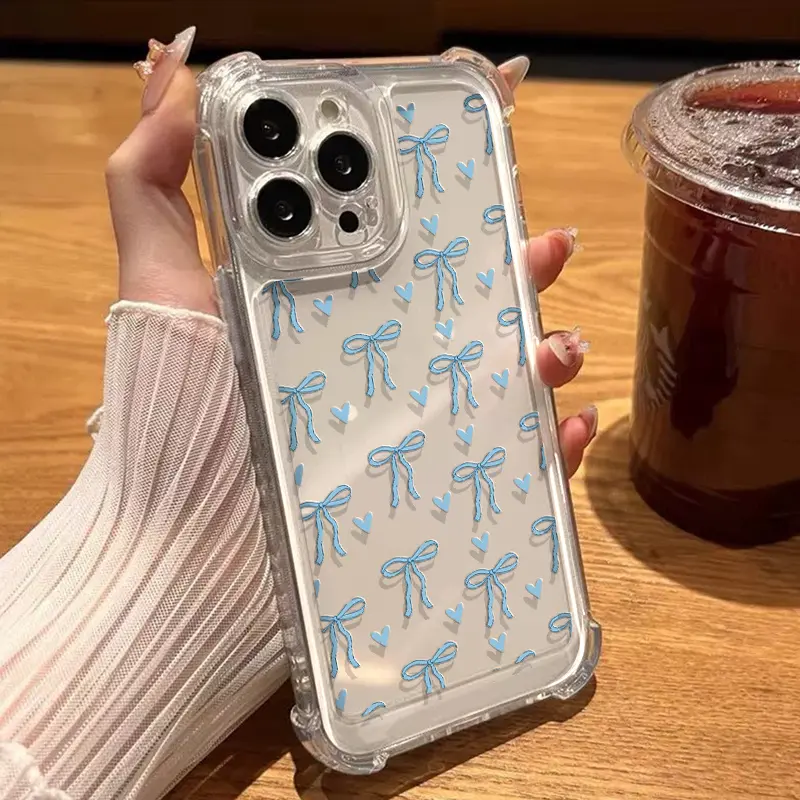 Blue Bow Soft Silicone Transparent Phone Case for Apple 11/12/13/14/15/17 Pro Max, 4-Corner Anti-Drop, Shockproof, Anti-Scratch, Durable Protective Cover, Smartphone Cellphone Handheld Devices Accessories