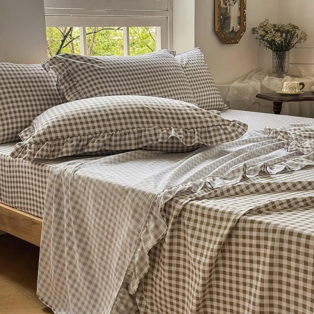 Tan Gingham Ruffle Queen Sheet Set| Taupe, Soft Pre-Washed Microfiber,, 4-Pieces Farmhouse, Deep